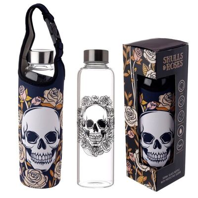 Skulls & Roses Glass Water Bottle with Neoprene Sleeve