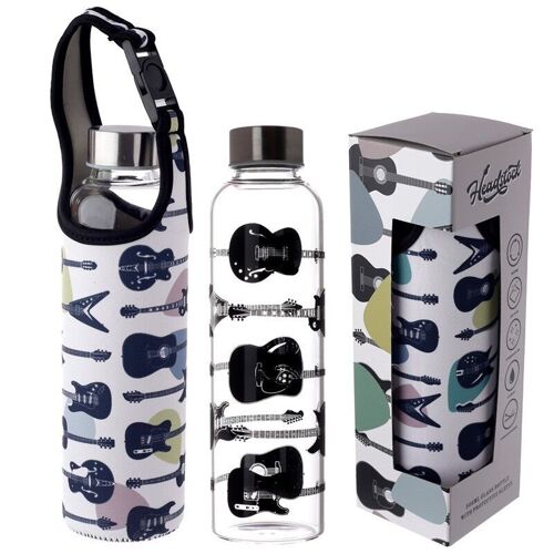 Headstock Guitar Glass Water Bottle with Neoprene Sleeve