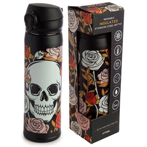 Skulls and Roses Push Top Stainless Steel Thermal Bottle