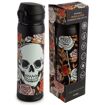 Botella térmica de acero inoxidable con tapa a presión Calaveras y rosas