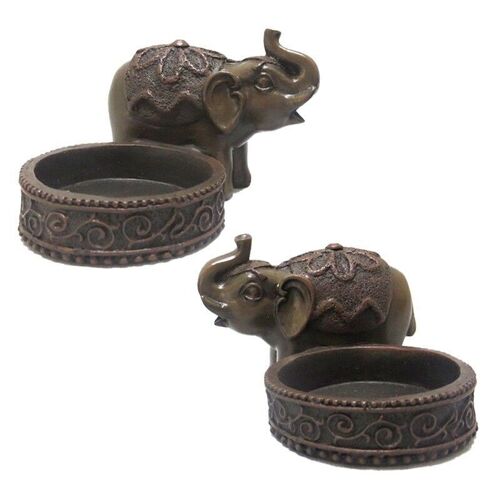 Wood Effect Elephant Tea Light Candle Holder