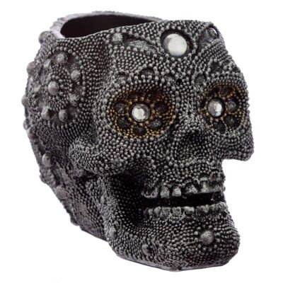 Teelicht-Kerzenhalter aus Silber mit Totenkopf-Kopf