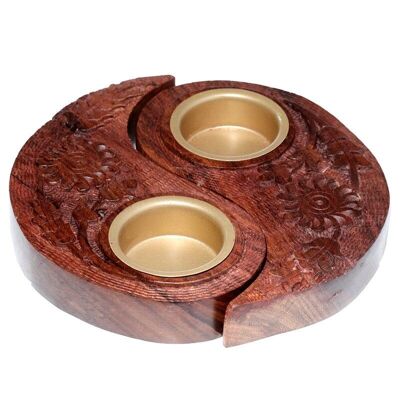 Carved Wood Round Yin Yang Tea Light Holder