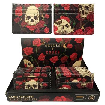 Porte-cartes de crédit avec protection RFID en tissu Skulls & Roses 1