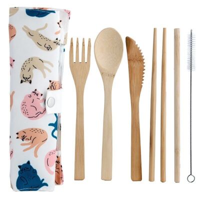 Cat's Life 100% Bamboo Cutlery 6 Piece Set in Canvas Holder