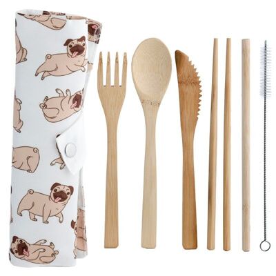 Mopps Pug 100% Bamboo Cutlery 6 Piece Set in Canvas Holder