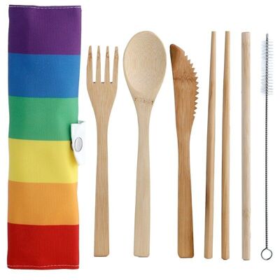 Rainbow Stripes 100% Bamboo Cutlery 6 Piece in Canvas Holder