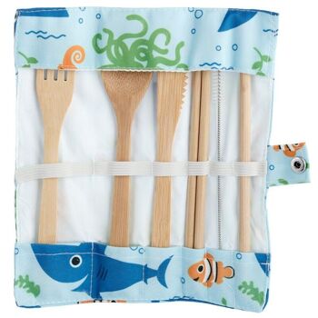 Ensemble de 6 couverts Sealife 100 % bambou dans un support en toile 2