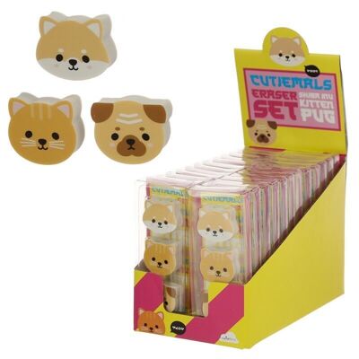 Adoramals Pug, Cat and Shiba Inu 3 Piece Eraser Set