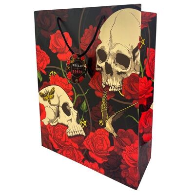Bolsa de regalo de rosas rojas con calaveras y rosas - Extra grande