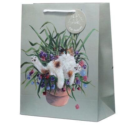 Bolsa de regalo verde con diseño de gato floral en maceta de Kim Haskins - Grande