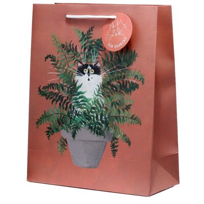 Bolsa de regalo con diseño de gato floral en rojo helecho de Kim Haskins - Grande
