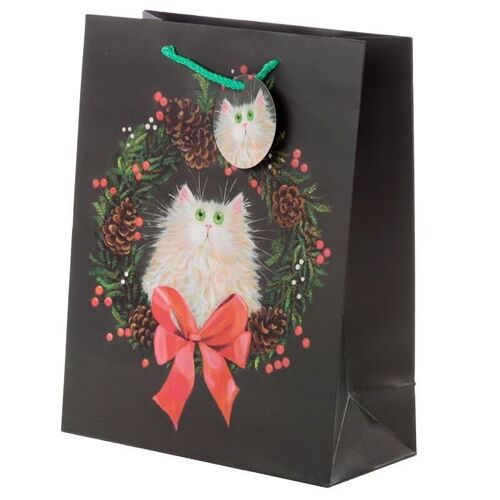 Christmas Kim Haskins Cat Wreath Gift Bag - Large