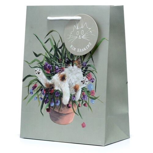 Kim Haskins Floral Cat in Plant Pot Green Gift Bag - Medium