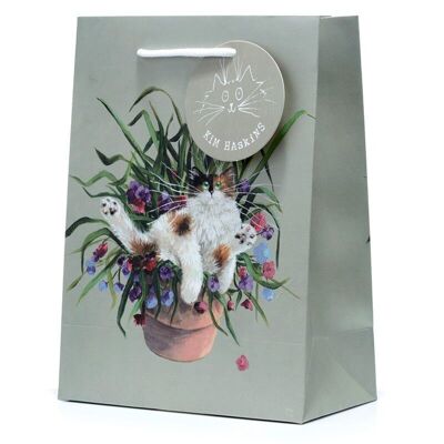 Bolsa de regalo verde con diseño de gato floral en maceta de Kim Haskins - Mediana