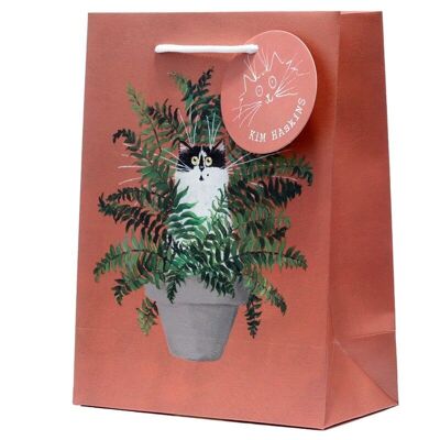 Bolsa de regalo con diseño de gato floral en rojo helecho de Kim Haskins - Mediana