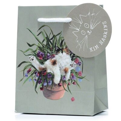 Kim Haskins - Borsa regalo verde con gatto floreale in vaso per piante, piccola