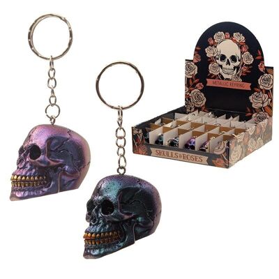 Portachiavi Skulls and Roses in metallo scuro e oro