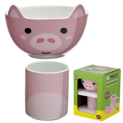 Juego de tazón y taza de porcelana Adoramals Pig para niños