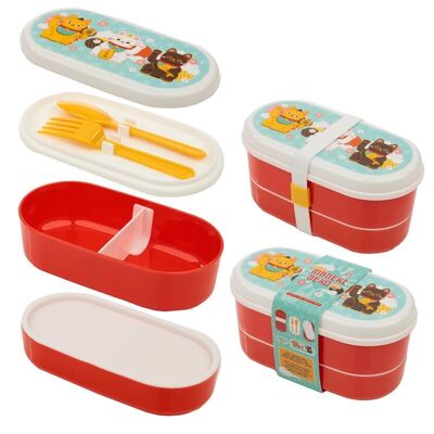 Maneki Neko Lucky Cat Bento Box Lunch Box con tenedor y cuchara