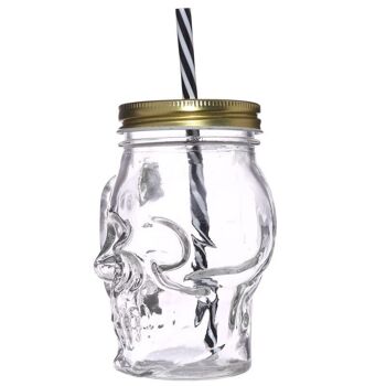 Pot à boire crâne en verre avec couvercle en métal et paille rayée 3