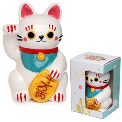 Maneki Neko Lucky Cat Spardose aus weißer Keramik