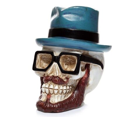 Cráneo con gafas y hucha con sombrero Trilby