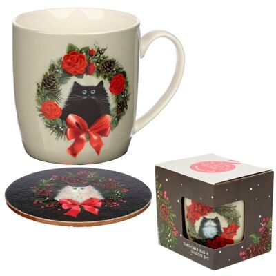 Ensemble de tasses et sous-verres en porcelaine avec chat et couronne de Noël Kim Haskins