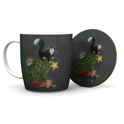 Kim Haskins Christmas Tree Catastrophe Cats Mug Coaster Set