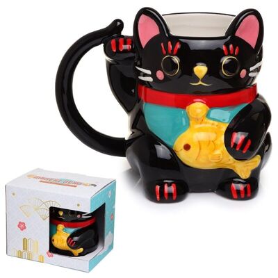 Tazza a forma di gatto nero Maneki Neko Lucky Cat in ceramica