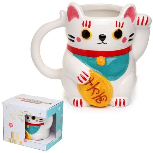 White Maneki Neko Lucky Cat Ceramic Shaped Mug