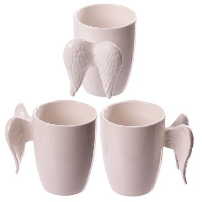 Taza de cerámica con asa en forma de alas de ángel blanco