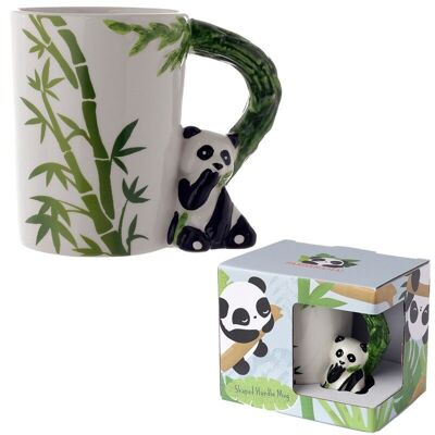 Taza con asa de cerámica con forma de panda con calcomanía de bambú