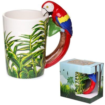 Taza con asa de cerámica con calcomanía de loro y jungla