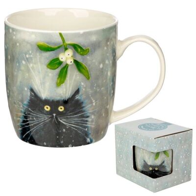 Kim Haskins Christmas Mistletoe Cat Porcelain Mug