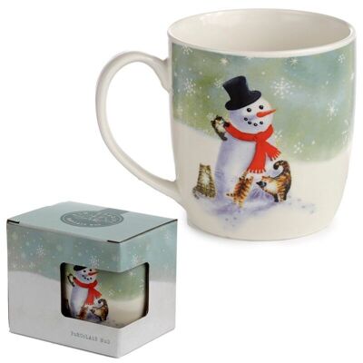 Tasse en porcelaine de Noël bonhomme de neige et chats de Kim Haskins