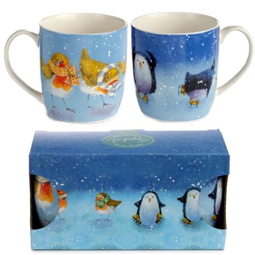 Jan Pashley Christmas Robin & Penguin Set of 2 Mugs