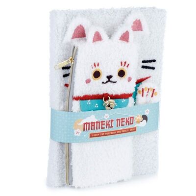 Maneki Neko Lucky Cat Fleece A5 Bloc-notes et trousse à crayons