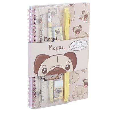 Mopps Pug Bloc-notes et trousse à crayons Ensemble de papeterie 6 pièces