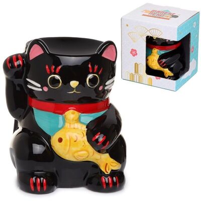 Quemador de aceite de cerámica Black Maneki Neko Lucky Cat