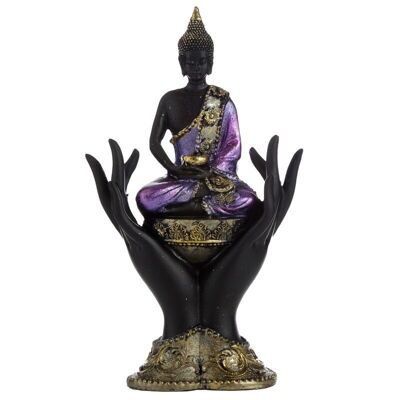 Thailändischer Buddha in Lila, Gold und Schwarz, der in Händen sitzt
