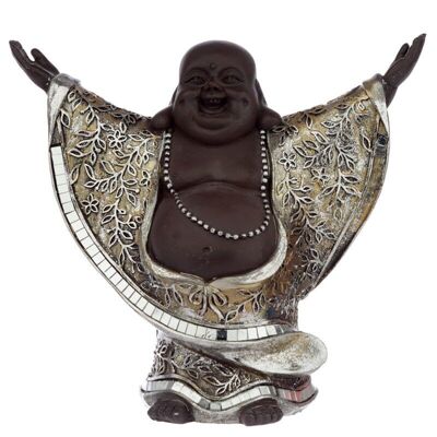 Buda sonriente chino marrón y plateado con las manos en alto