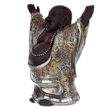 Bouddha rieur chinois marron et argent avec les mains levées 2