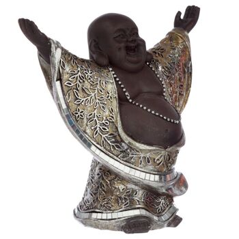 Bouddha rieur chinois marron et argent avec les mains levées 4