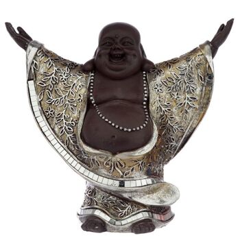 Bouddha rieur chinois marron et argent avec les mains levées 5