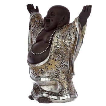 Bouddha rieur chinois marron et argent avec les mains levées 6