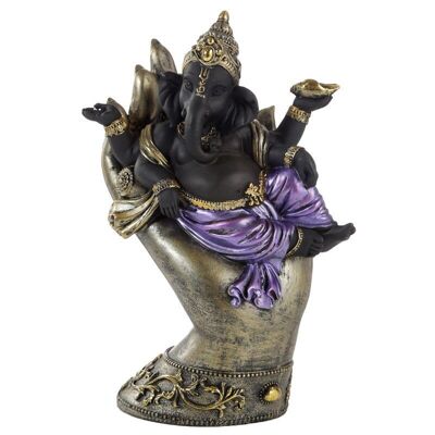 Ganesh morado, dorado y negro acostado en la mano