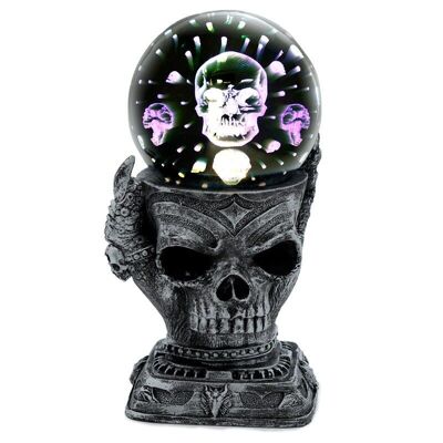 Orbe metálico con LED de calavera plateada