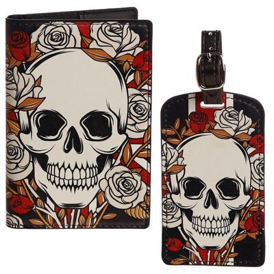 Skulls & Roses Porte-passeport et porte-cartes et étiquette de bagage