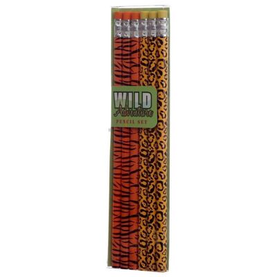 Set mit 6 Wild Adventure Bleistiften mit Animal-Print und Radiergummi